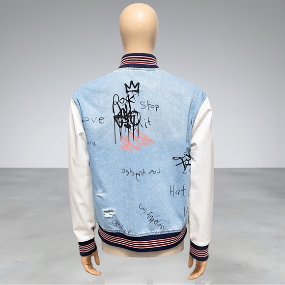 Fashion Nova Men’s Light Blue & White Graffiti Denim Varsity Jacket - Picture 12 of 13